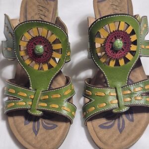 Boho Green and Yellow Sandals with Artistic Design Size 11 Spring Ready